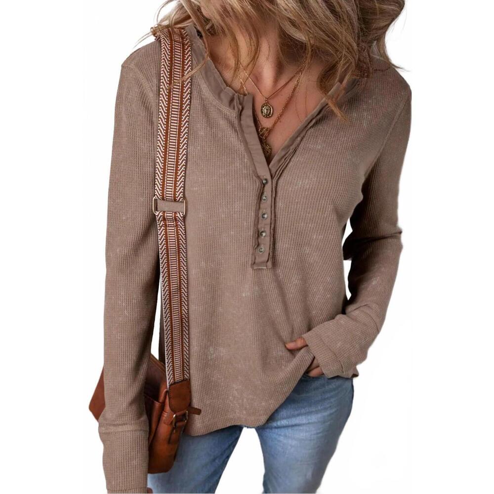 NEW FULL TIME PURCHASE acid wash waffle knit long sleeve top in bronze